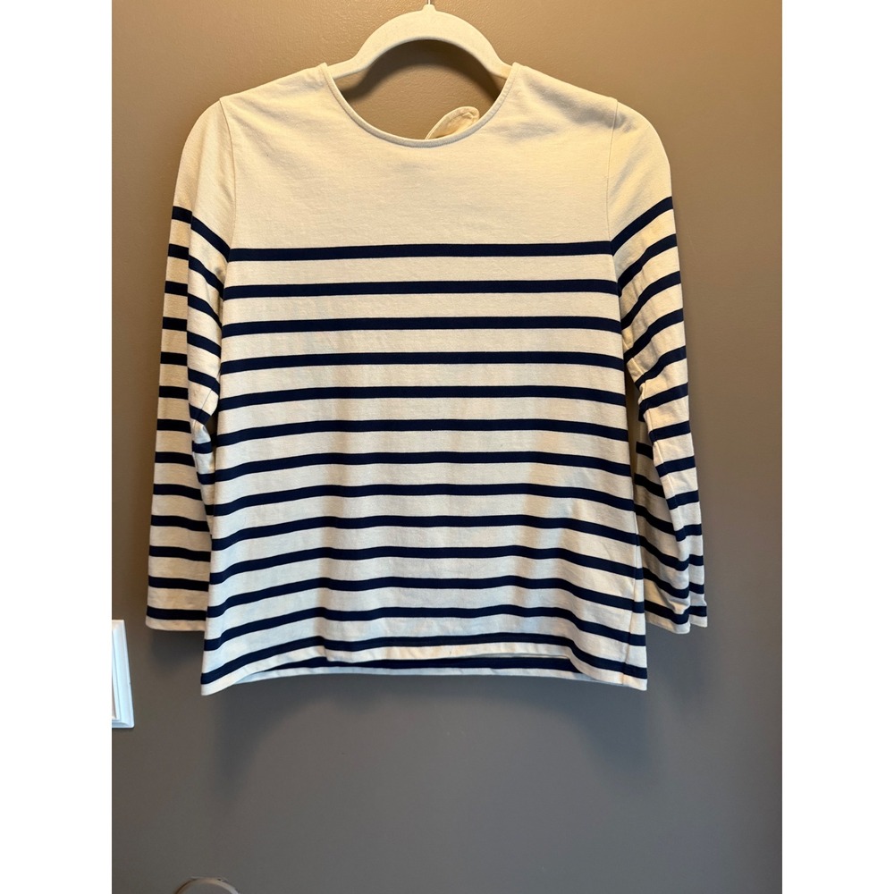 Sezane Striped Long Sleeve Top Cream Navy Blue Open Back Tie Detail Small